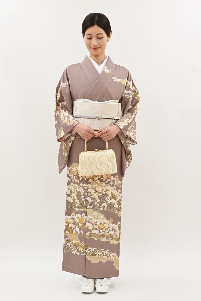 銀座【B-4259】訪問着 梅鼠色 四季花文 :身丈156/裄66/細め - 銀座