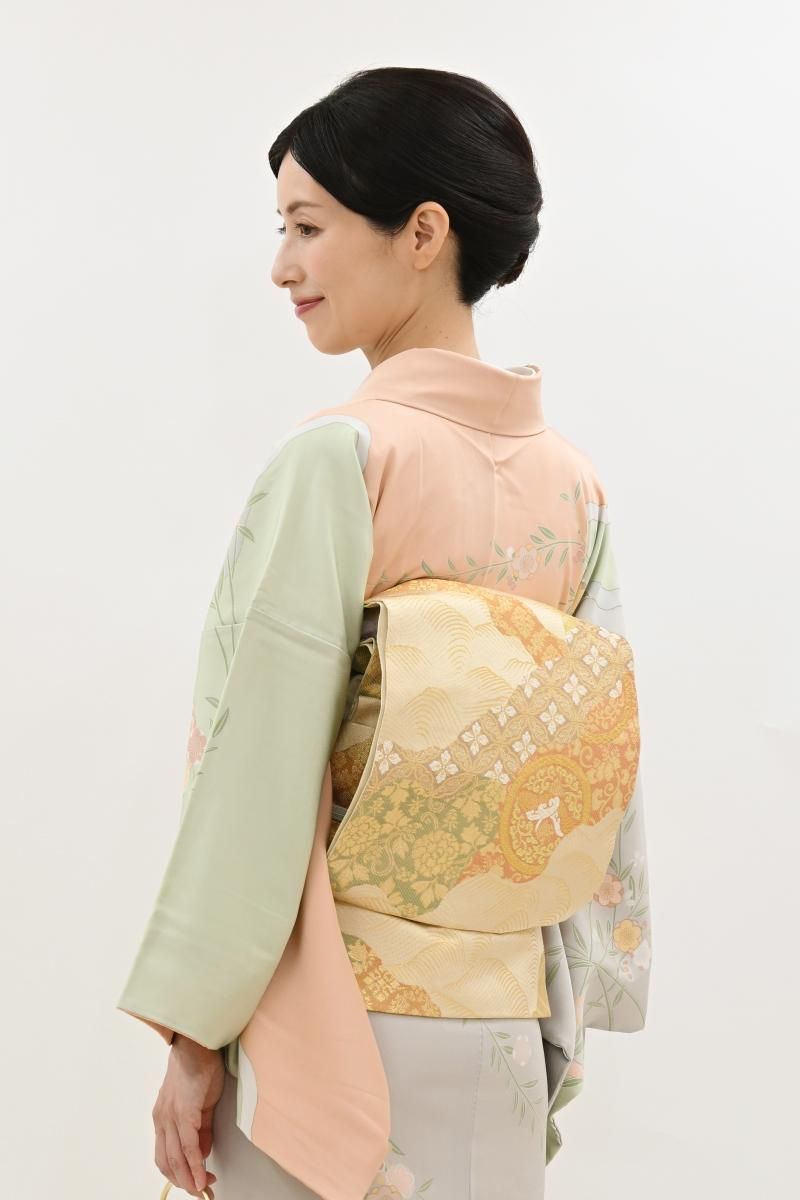 銀座【L-8449】西陣 川島織物製 本袋帯 象牙色 道長取りに名物裂文