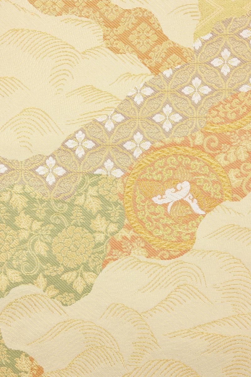 袋帯 中嶋まさひろ 抽象柄 桜の花 銀通し 金銀彩 藤鳩羽色 O-2130 銀座【帯6007】西陣 織文意匠鈴木製 袋帯 唐綾錦「宝相彩華文様