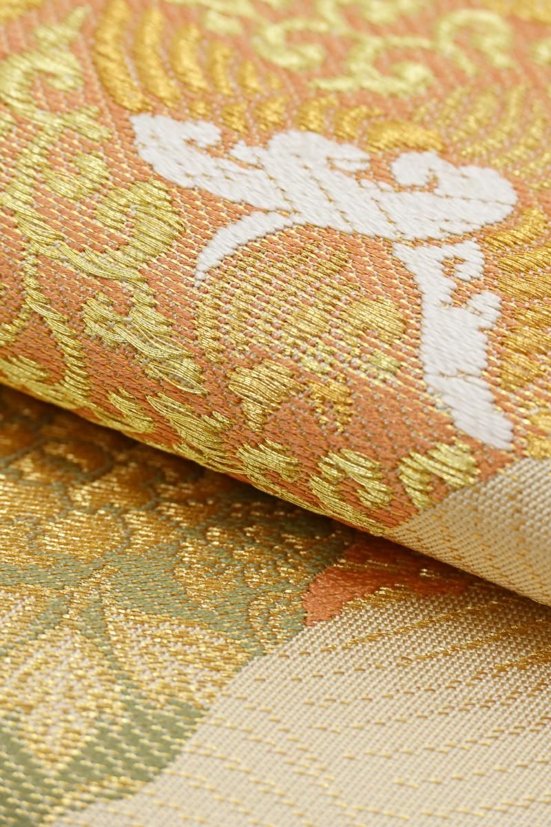 シルバー 道長取 袋帯 銀座【L-8449】西陣 川島織物製 本袋帯 象牙色 道長取りに名物裂文