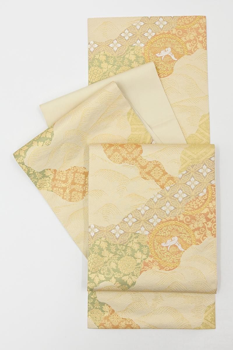 銀座【L-8449】西陣 川島織物製 本袋帯 象牙色 道長取りに名物裂文