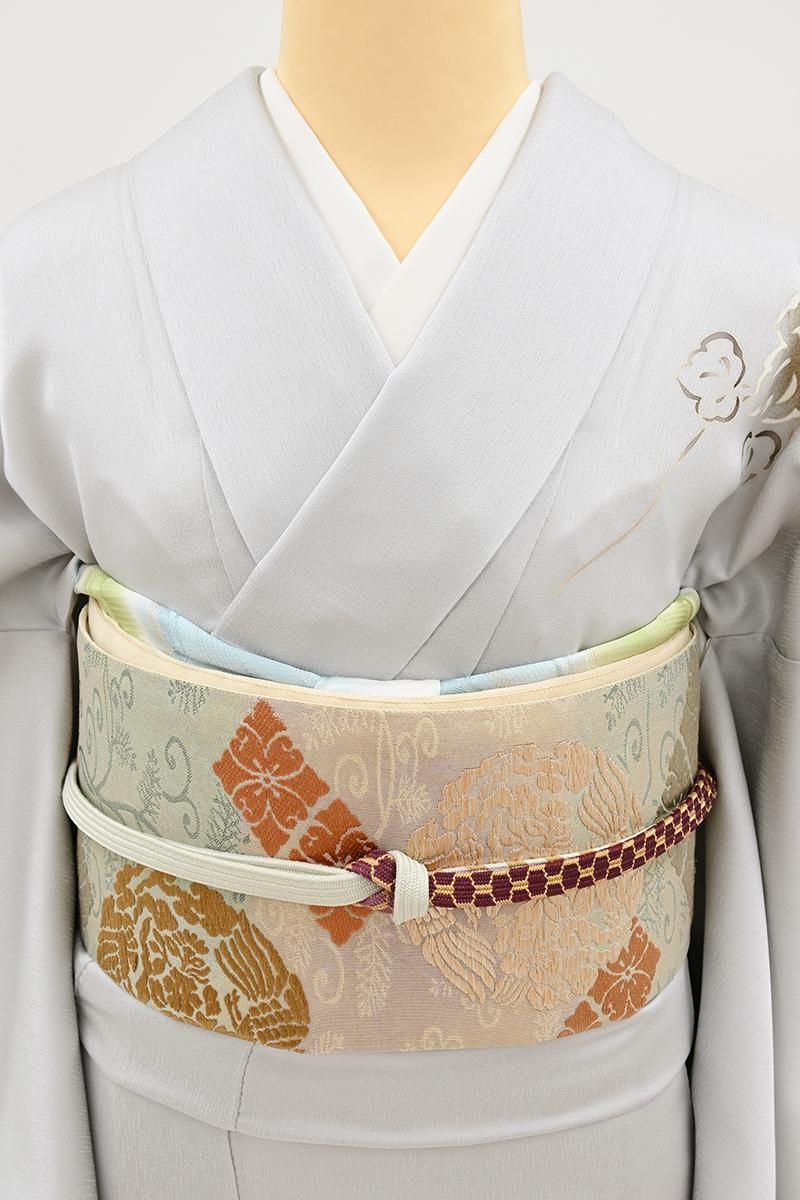 銀座【L-8483】袋帯 灰桜色×裏葉色 横段に花菱や向かい鳳凰の丸