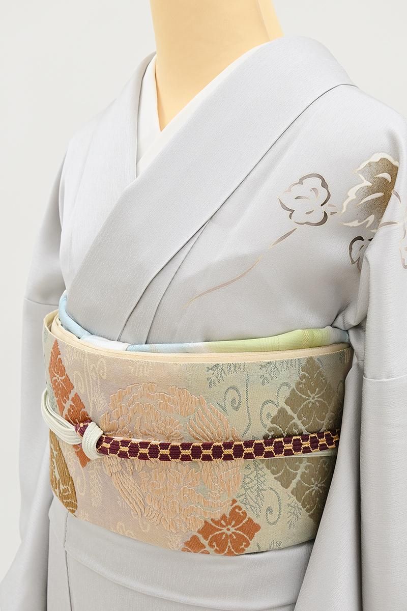 銀座【L-8483】袋帯 灰桜色×裏葉色 横段に花菱や向かい鳳凰の丸