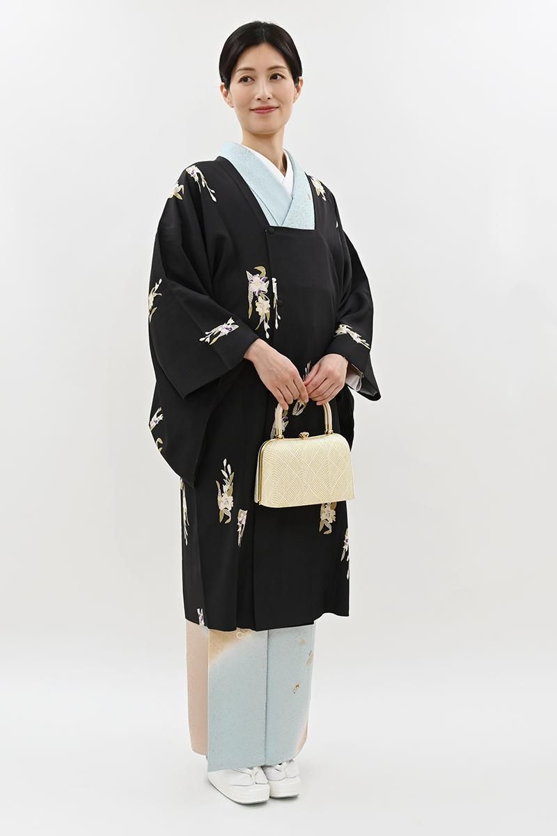 銀座【E-2313】単衣 道行コート 黒色 水仙と百合の図 :身丈99/裄68