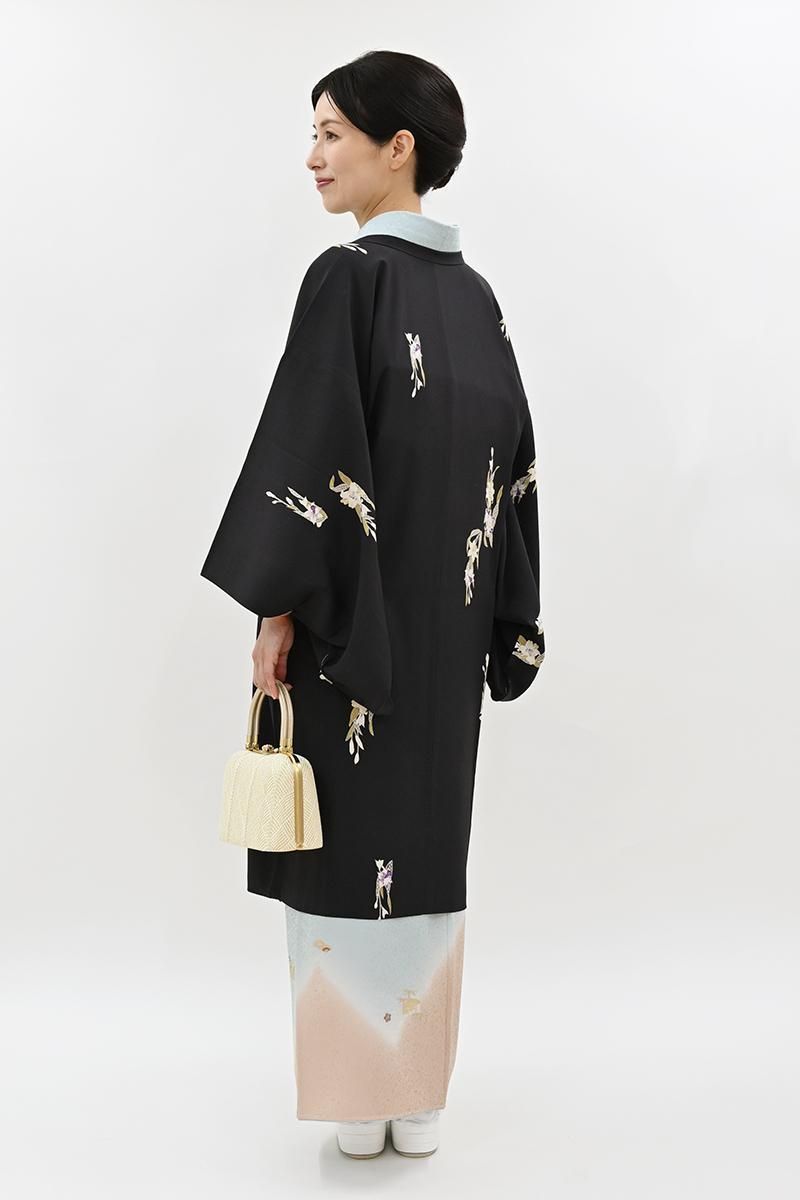 特選截金金彩小紋【金銀箔◆幾何学大華文】単衣・袷・羽織やコートに 銀座【E-2313】単衣 道行コート 黒色 水仙と百合の図 :身丈99/裄68