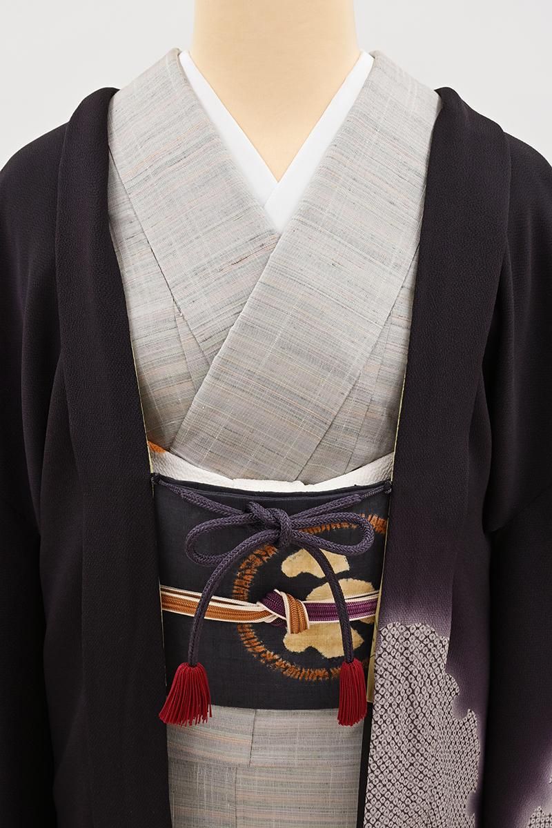 銀座【E-2343】縮緬地 羽織 黒紫色 雪輪暈かし文（羽織紐付） :身丈