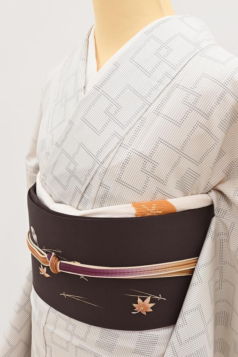 銀座【H-0794】塩瀬地 染名古屋帯 黒紫色 吹き寄せ文 - 銀座きもの青木