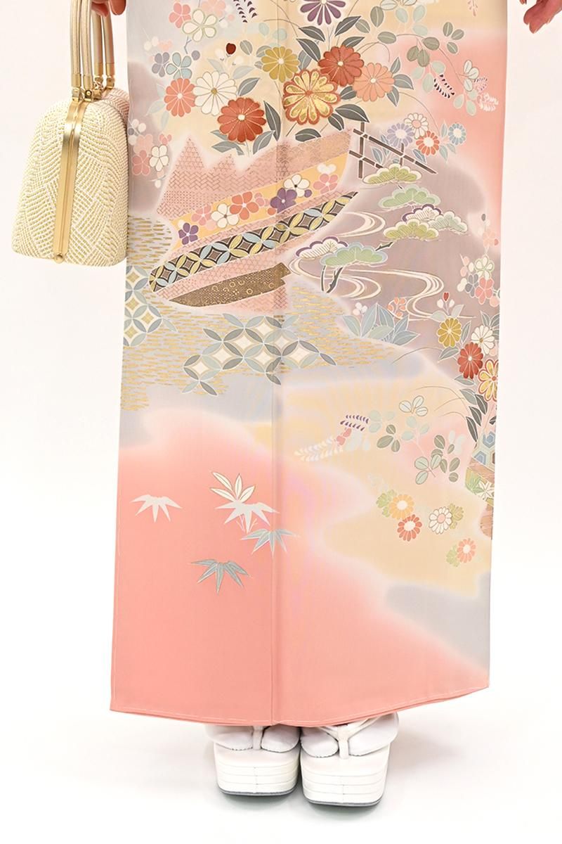 銀座【B-4277】訪問着 鴇色 霞暈かしに四季花文（松坂屋扱い） :身丈