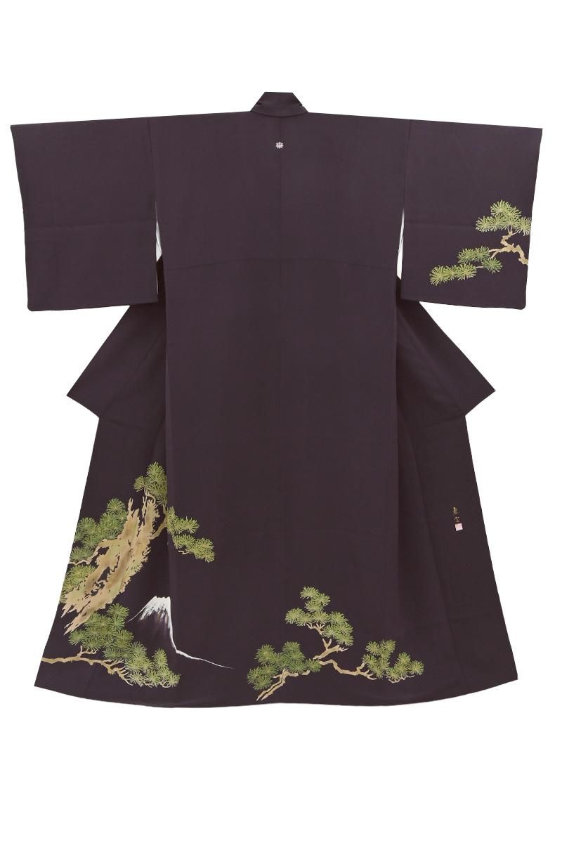 銀座【B-4279】熊谷慶雲作 染一ッ紋 訪問着 茄子紺色 富士に松の図（反