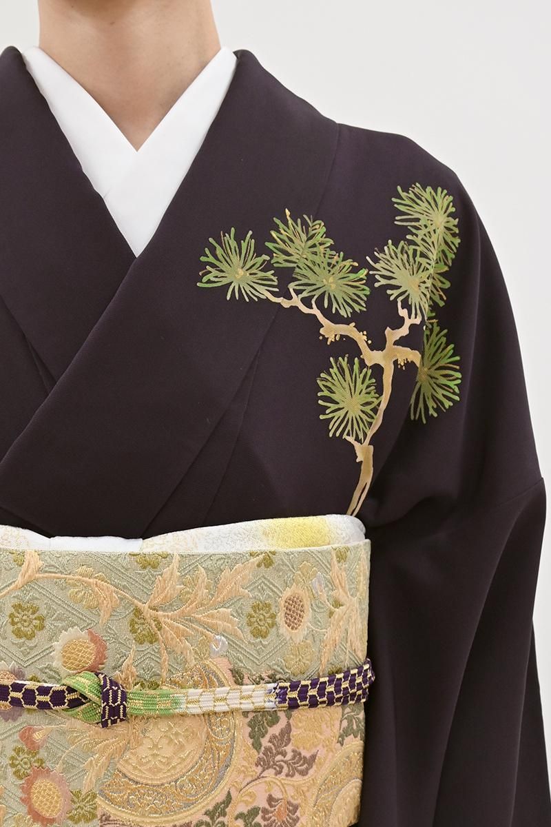 銀座【B-4279】熊谷慶雲作 染一ッ紋 訪問着 茄子紺色 富士に松の図（反