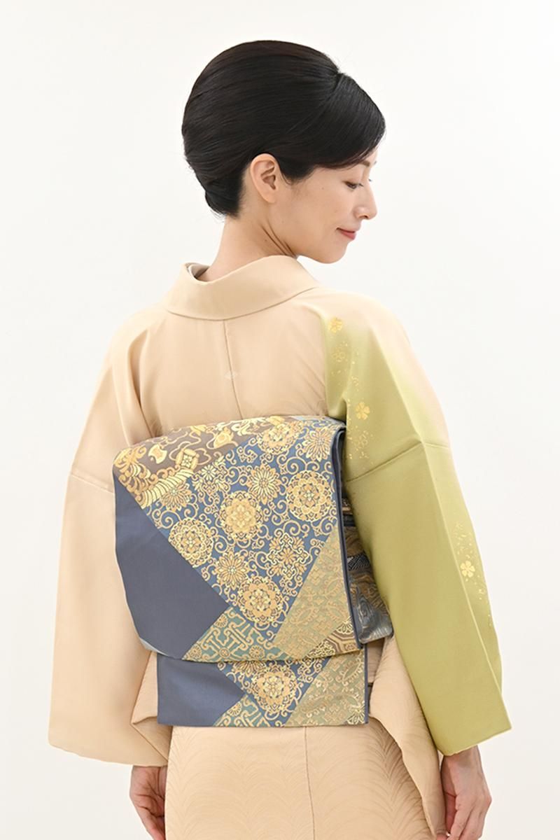 銀座【L-8472】西陣 川島織物製 本袋帯 紺鼠色 切嵌めに名物裂文（落款