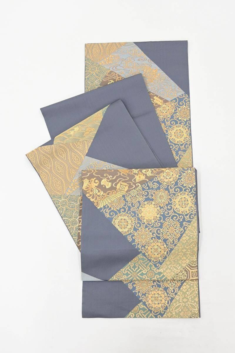 銀座【L-8472】西陣 川島織物製 本袋帯 紺鼠色 切嵌めに名物裂文