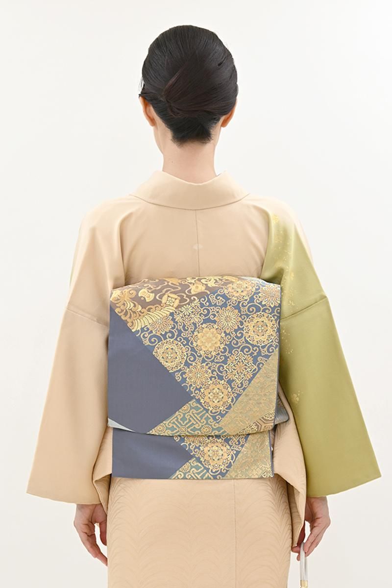 銀座【L-8472】西陣 川島織物製 本袋帯 紺鼠色 切嵌めに名物裂文