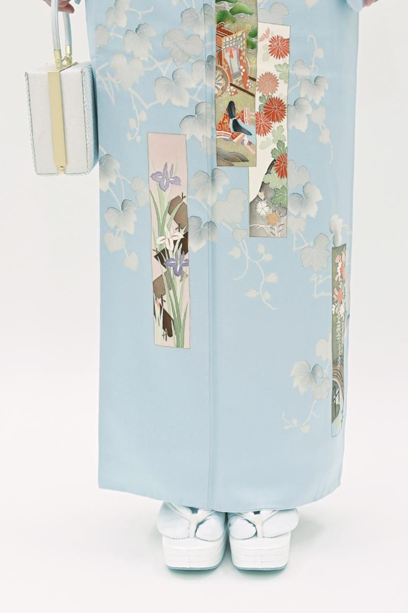 銀座【B-4276】訪問着 淡いわすれなぐさ色 短冊に御所車や四季花文（反