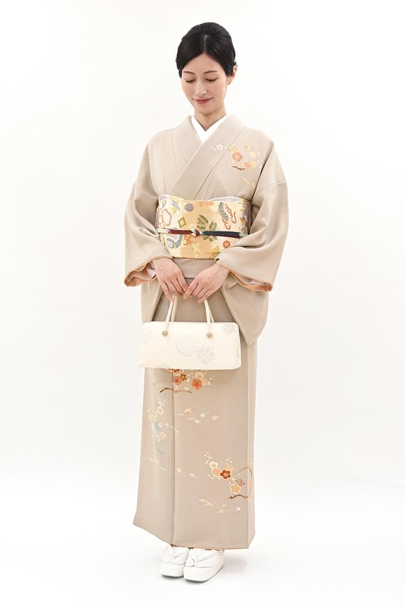 銀座【B-4282】縮緬地 訪問着 素色 梅に吹き寄せ文（西武扱い） :身丈