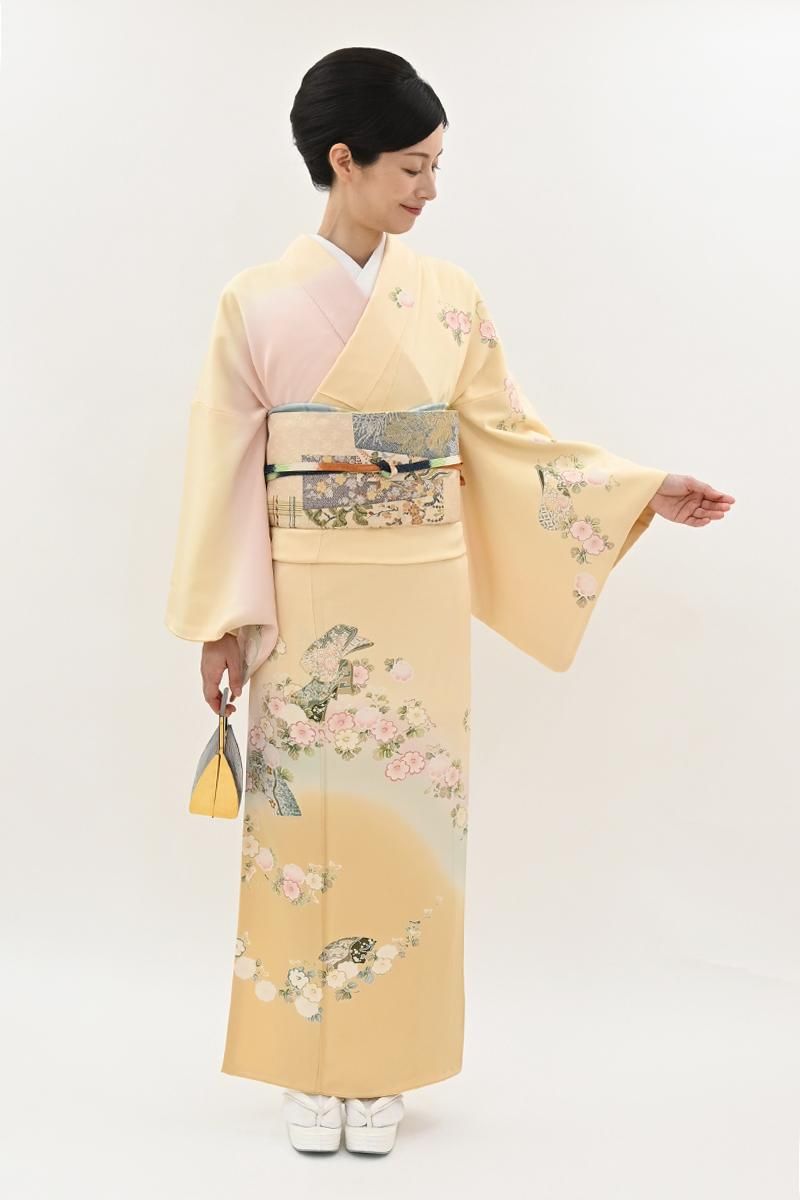 銀座【B-4283】訪問着 明るい黄水仙色 菊に地紙や誰が袖文など :身丈