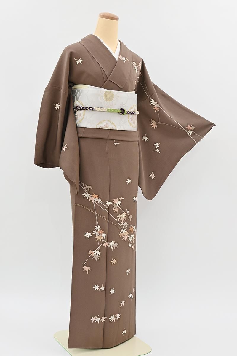 ❰6341❱ フルセット　訪問着 青灰系 伝統工芸士 華山 一つ紋　袋帯　着物 伝統工芸士 華山 友禅染 訪問着 花柄 正絹 ブルーグレー 青 白