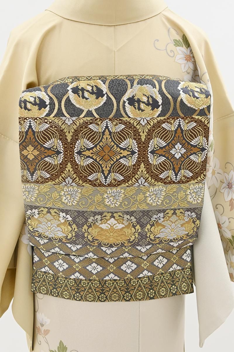 銀座【L-8498】袋帯 鈍色×金色 有職蓮華文様（反端付） - 銀座きもの