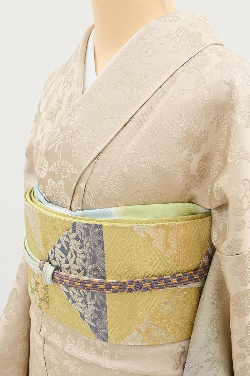 ♥やなぎん様♥A4 銀座【L-8499】袋帯 明るい鶸色 鱗に四季花文 - 銀座きもの青木