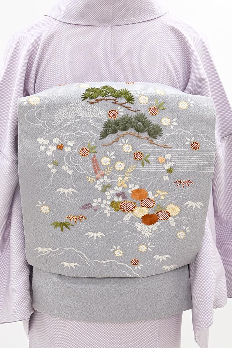 5k2349 名古屋帯　絹　剣片喰紋　刺繍　落款　ピンク　金色　銀色　緑　花柄 誉田屋源兵衛 袋帯