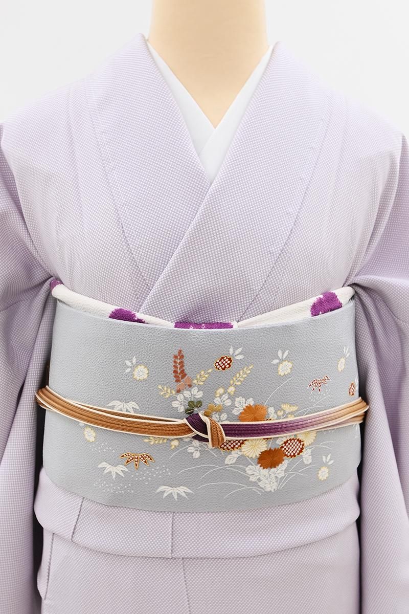 銀座【H-0814】縮緬地 染名古屋帯 銀鼠色 御所解文（長尺） - 銀座