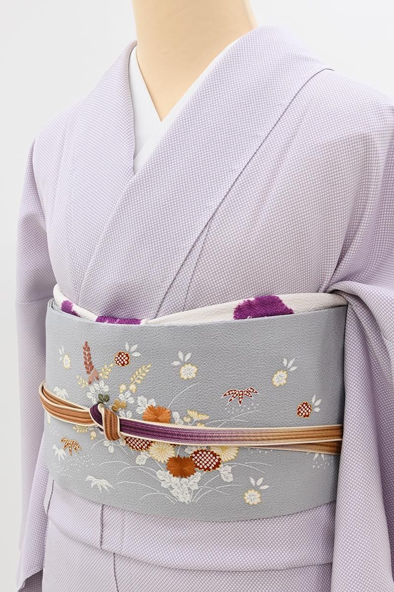 銀座【H-0814】縮緬地 染名古屋帯 銀鼠色 御所解文（長尺） - 銀座