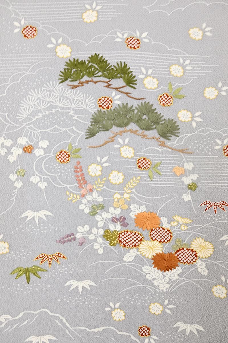 銀座【H-0814】縮緬地 染名古屋帯 銀鼠色 御所解文（長尺