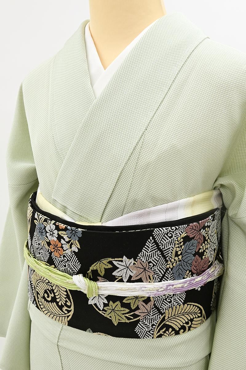 素敵な装い！西陣全通名古屋帯 丸巻き　モダン幾何学　薄青鼠 銀座【H-0815】西陣製 織名古屋帯 黒色 四季花の丸（証紙付）（N