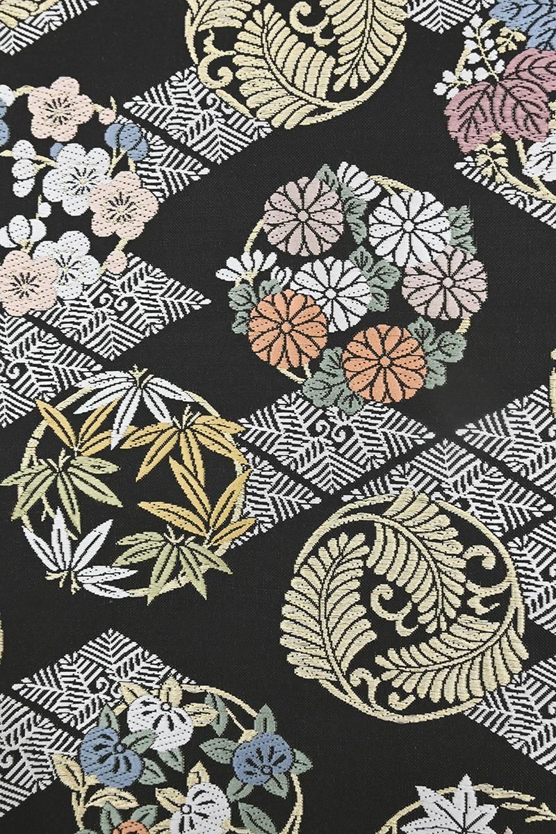 素敵な装い！西陣全通名古屋帯 丸巻き　モダン幾何学　薄青鼠 銀座【H-0815】西陣製 織名古屋帯 黒色 四季花の丸（証紙付）（N