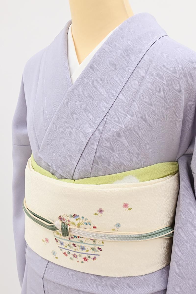 銀座【H-0816】岡重製 縮緬地 染名古屋帯 乳白色 更紗花文の丸