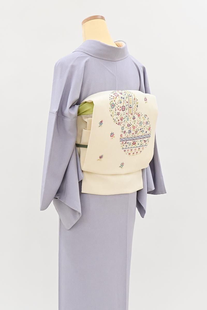 著者直筆署名入り　笹まくら 限定版 銀座【H-0816】岡重製 縮緬地 染名古屋帯 乳白色 更紗花文の丸