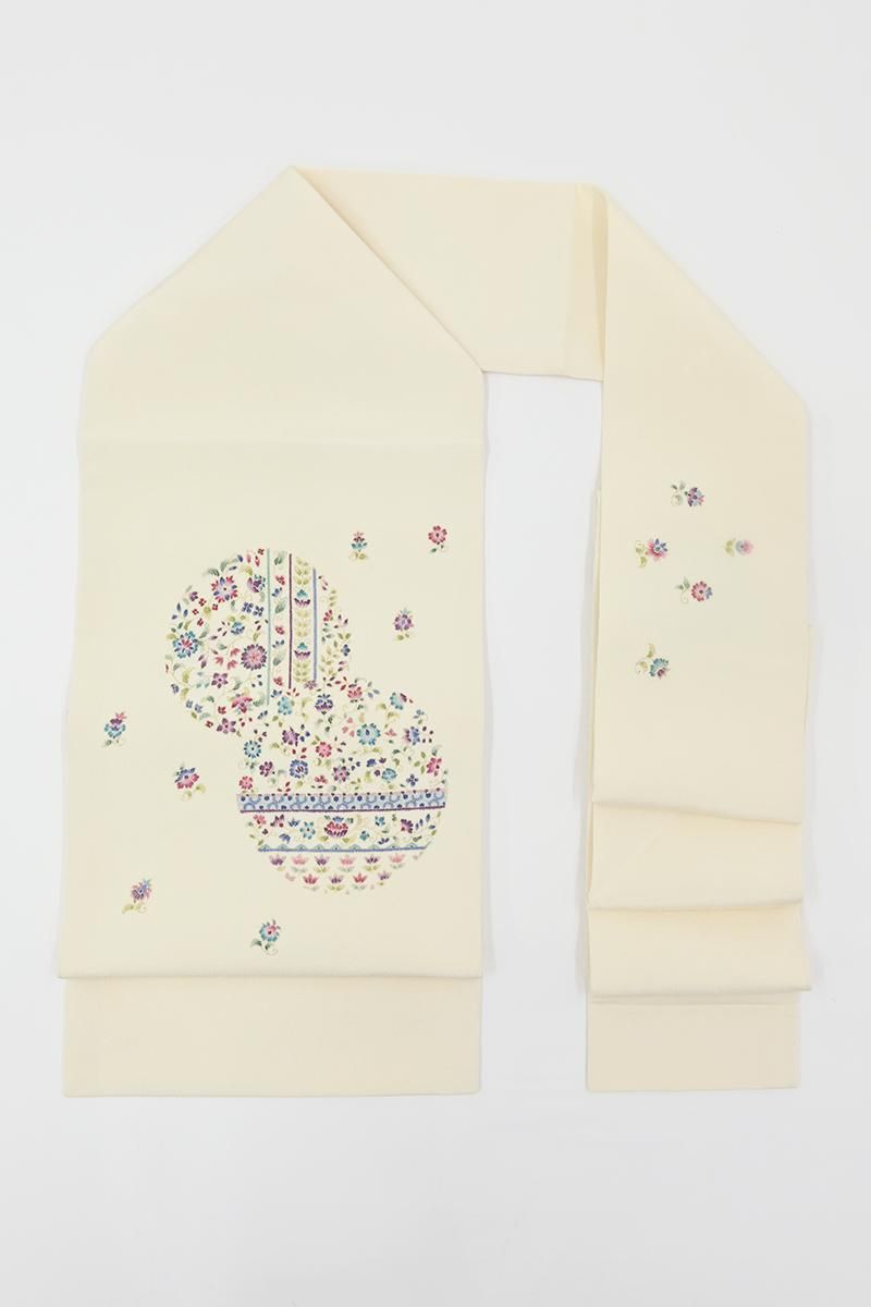 著者直筆署名入り　笹まくら 限定版 銀座【H-0816】岡重製 縮緬地 染名古屋帯 乳白色 更紗花文の丸