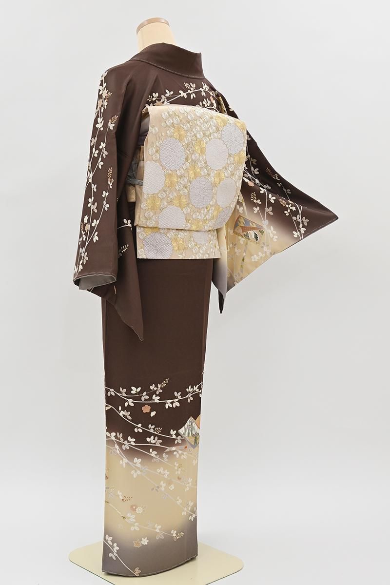 銀座【B-4321】訪問着 桧皮色 秋草に冊子文:身丈157/裄65.5 - 銀座
