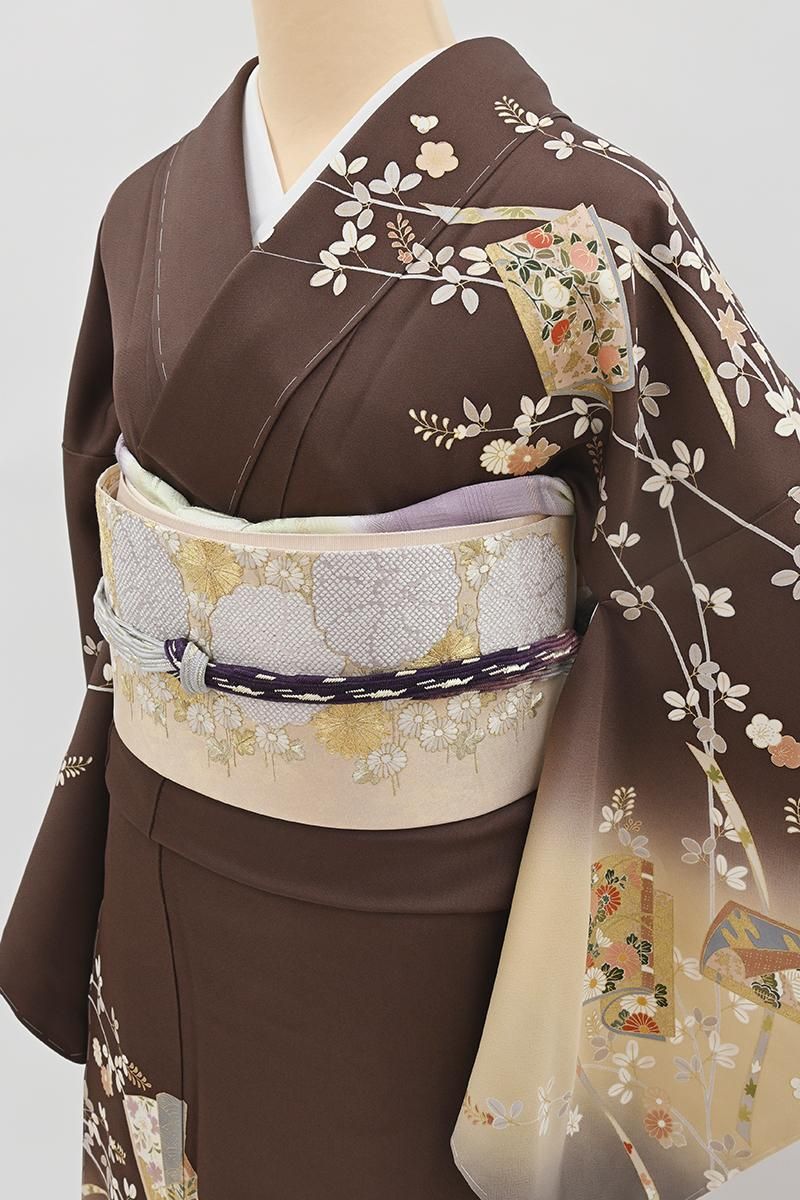 銀座【B-4321】訪問着 桧皮色 秋草に冊子文:身丈157/裄65.5 - 銀座