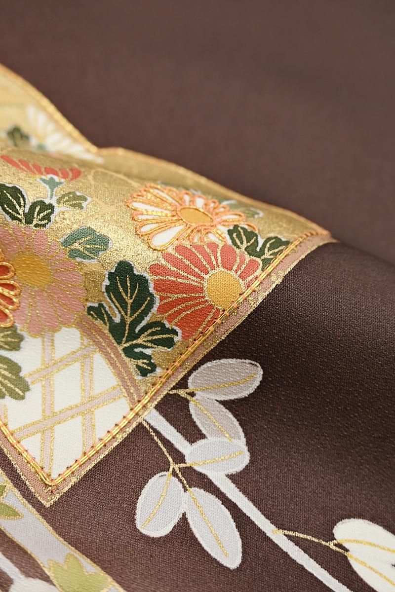 銀座【B-4321】訪問着 桧皮色 秋草に冊子文:身丈157/裄65.5 - 銀座