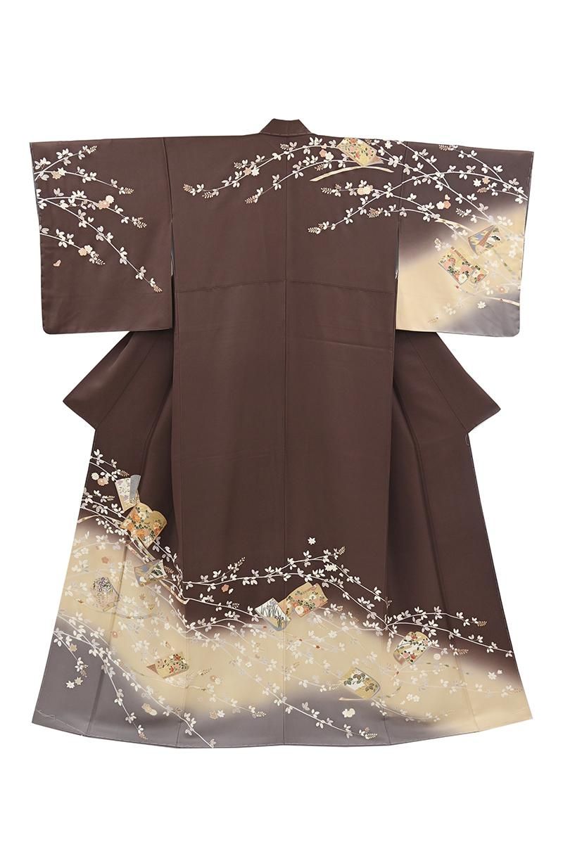 銀座【B-4321】訪問着 桧皮色 秋草に冊子文:身丈157/裄65.5 - 銀座