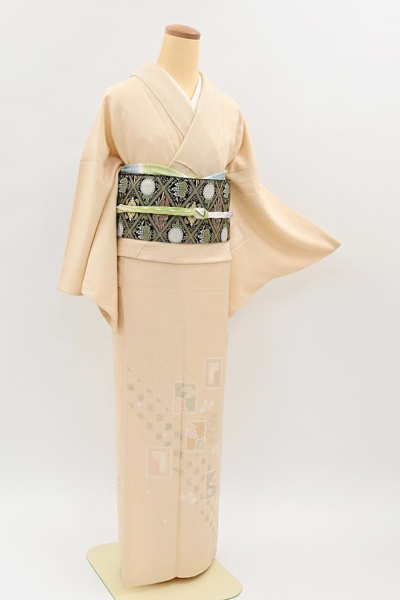 正絹 袷 小紋 クリームアイボリー×ライトグレー 市松取り疋田文様 未使用 正絹 袷 小紋 クリームアイボリー×ライトグレー 市松取り疋田文様 未