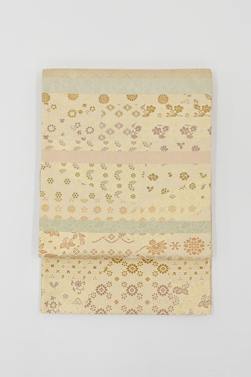 洒落袋帯 ほぼ新品 正絹 洒落袋帯 西陣織【焼箔紬/黒地に狩猟文 14224】六通柄 お