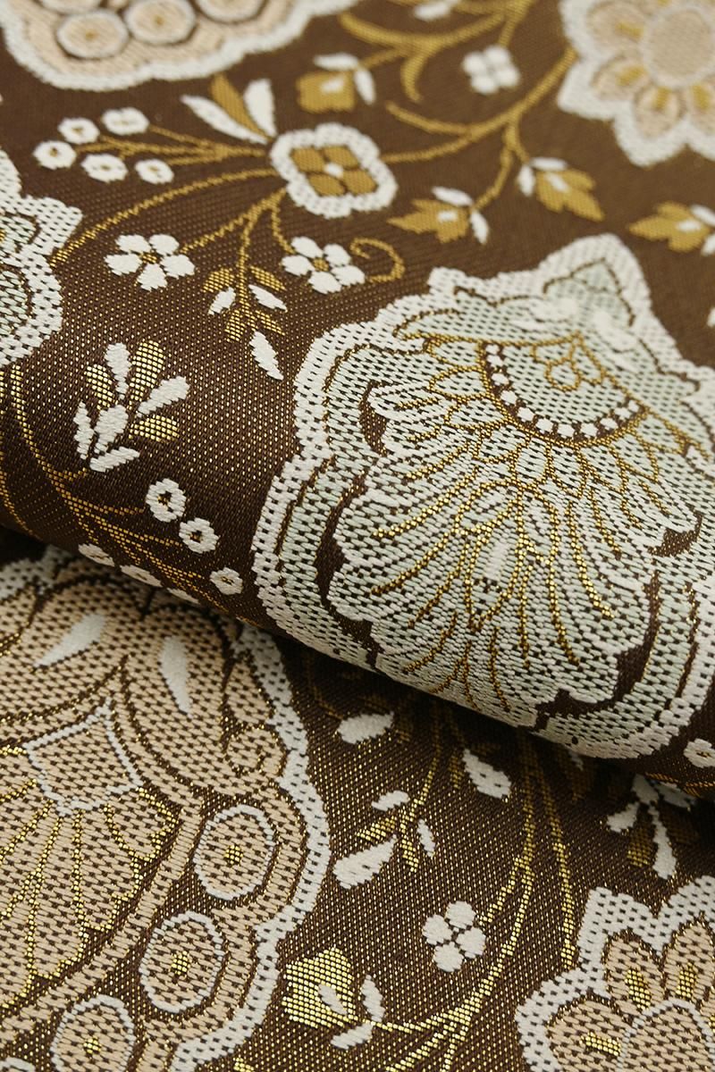 銀座【L-8517】西陣 陰山織物製 袋帯 栗皮色 装飾文（証紙付