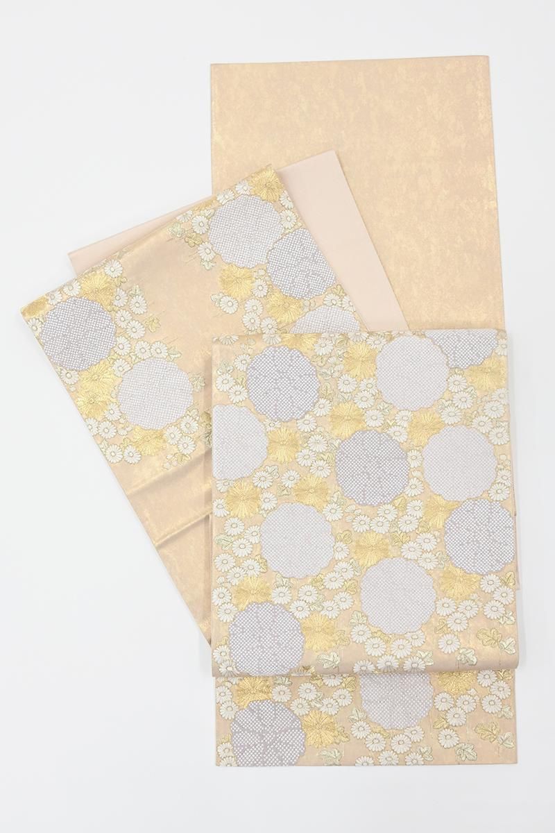 袋帯 白地 幾何学模様 花柄 袋帯No-m712綾絽刺繍流水 白刺繍 引箔袋帯【桜に菊萩】 [241103-sishu-1] - ￥115,000