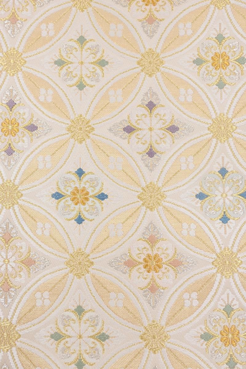 銀座【L-8528】本袋帯 薄香色 七宝繋ぎ花菱文 - 銀座きもの青木