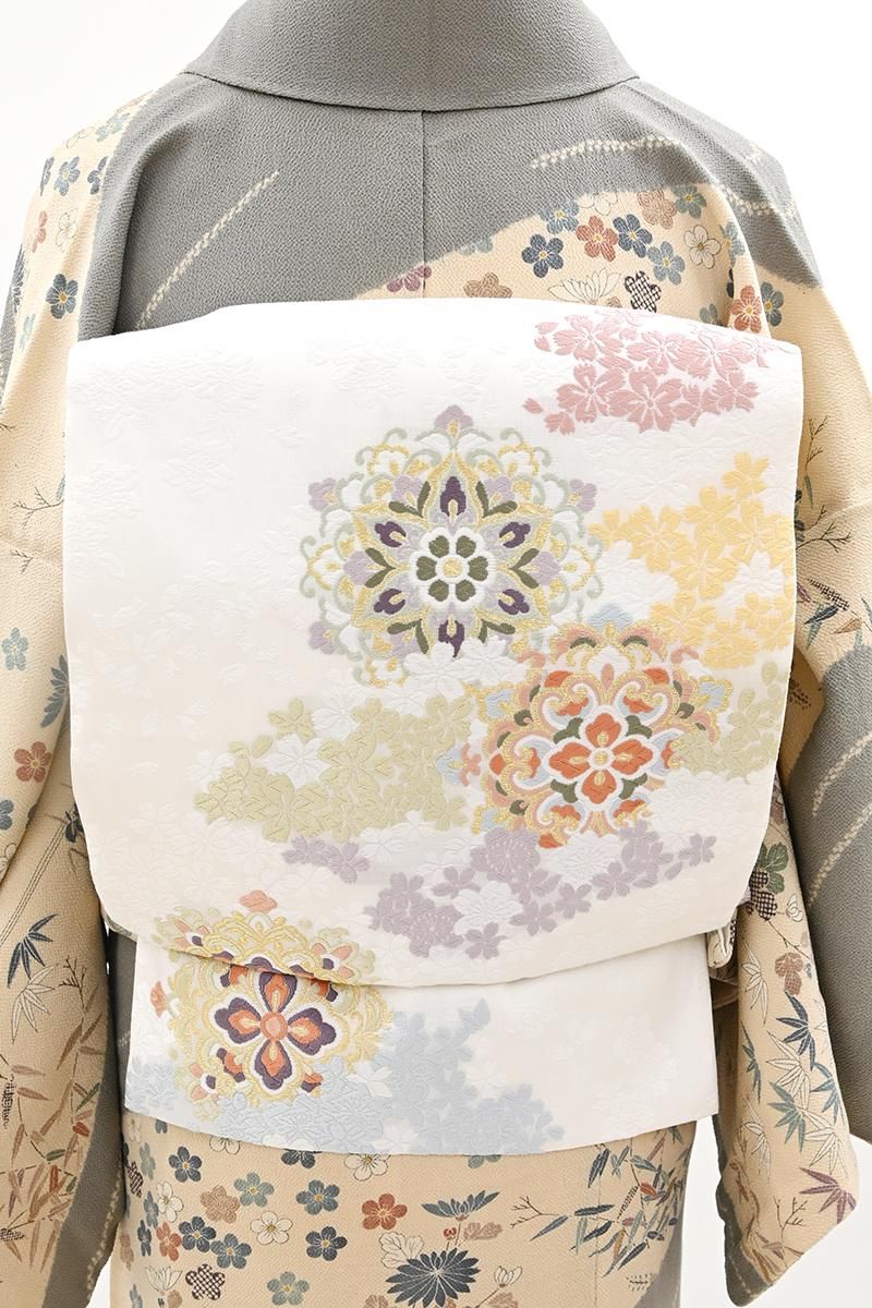 銀座【L-8529】西陣製 袋帯 白色 華文（証紙付） - 銀座きもの