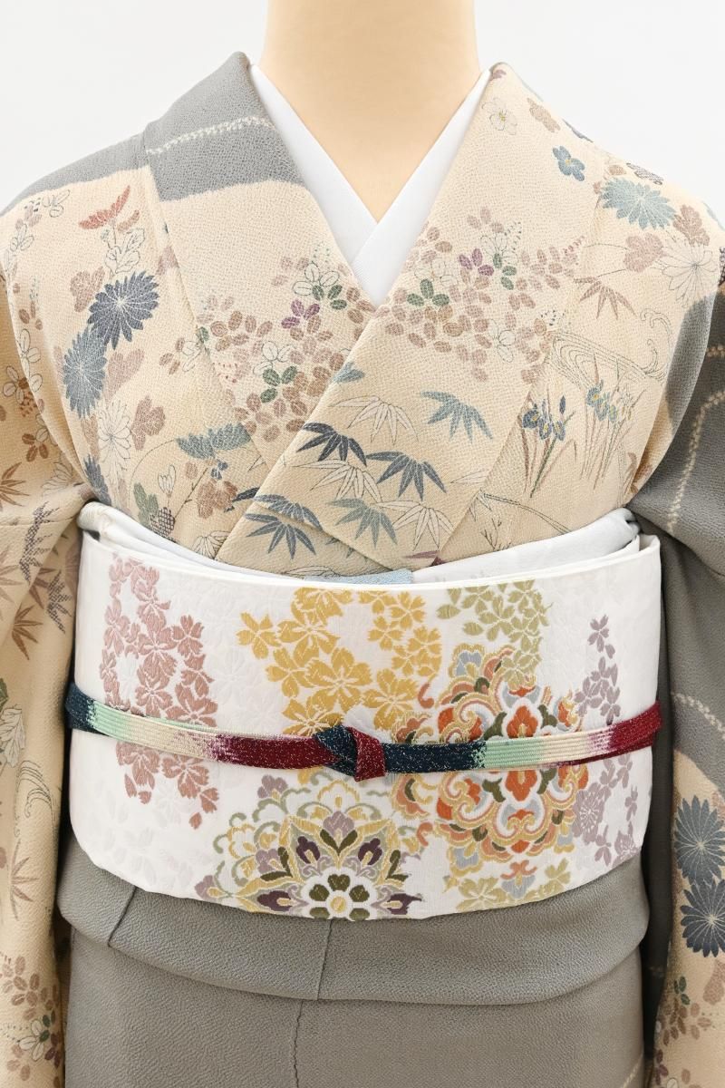 大島紬 ほんのり銀彩 袋帯 証紙 銀座【L-8529】西陣製 袋帯 白色 華文（証紙付） - 銀座きもの