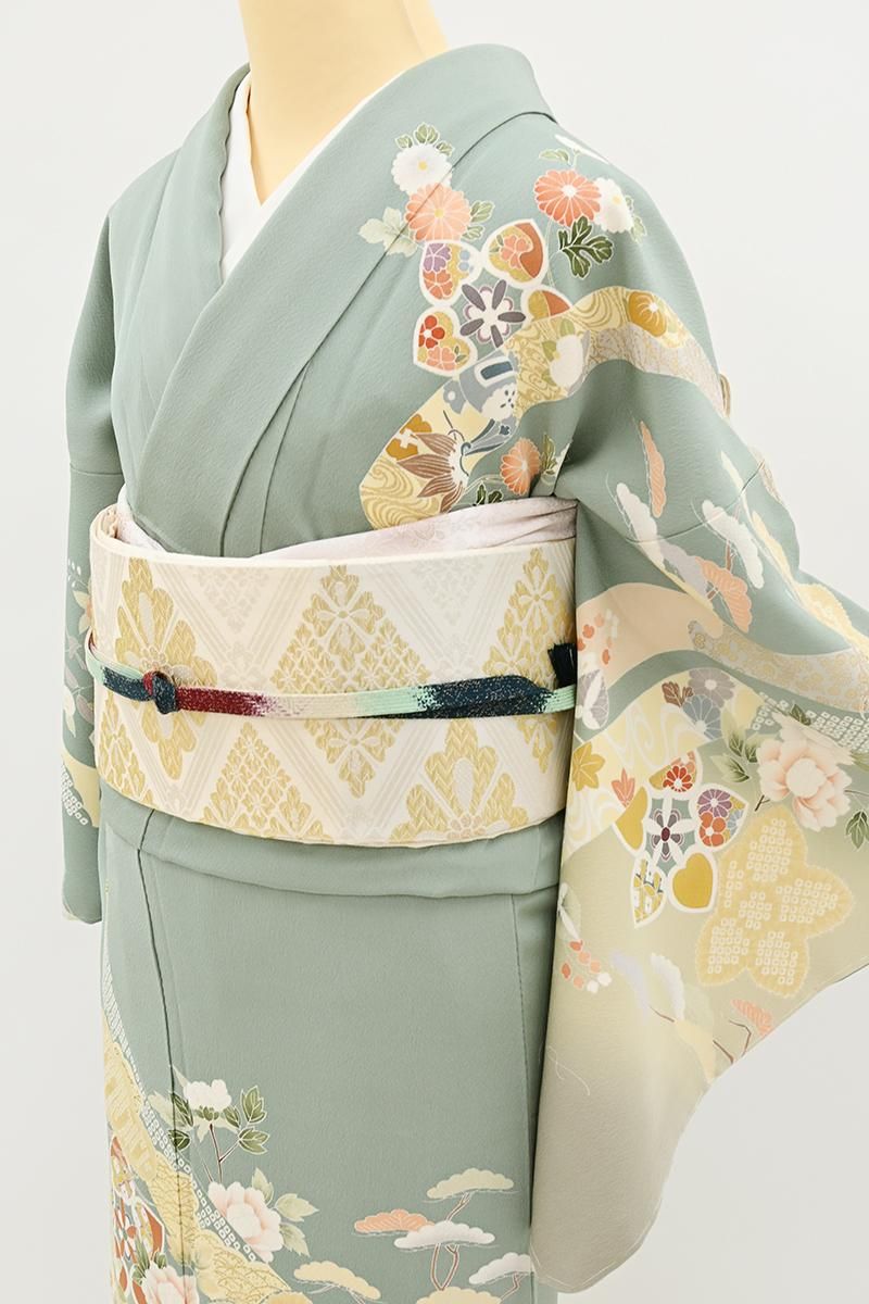 銀座【B-4335】訪問着 錆青磁色 四季花の図 :身丈159/裄66.5 - 銀座