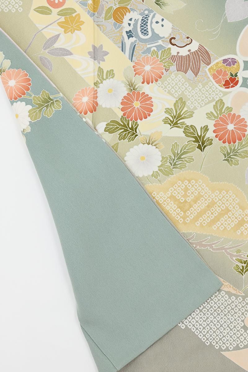 銀座【B-4335】訪問着 錆青磁色 四季花の図 :身丈159/裄66.5 - 銀座