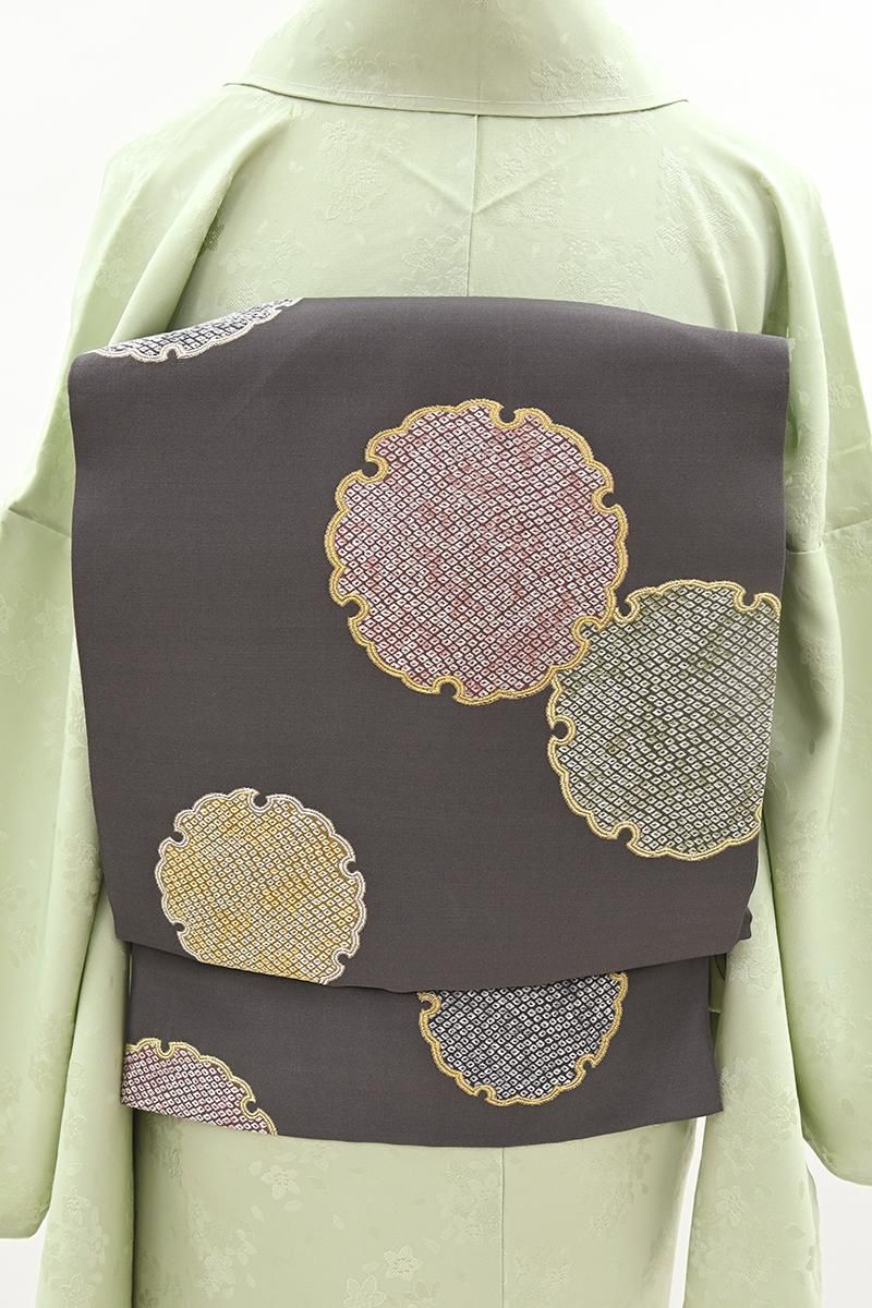 洒落袋帯 正絹 洒落袋帯 西陣織【焼箔紬/黒地に狩猟文 14224】六通柄 お