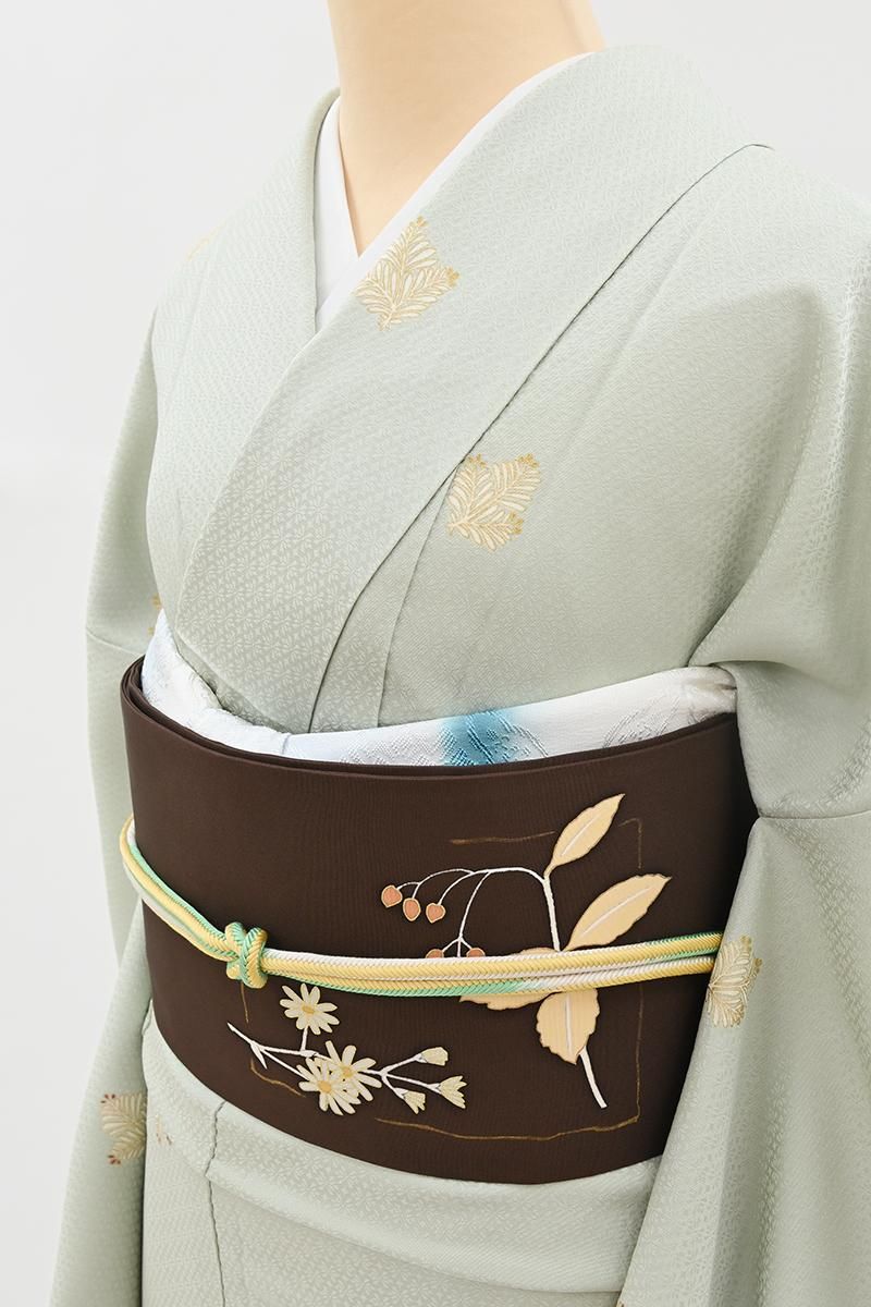 銀座【H-0822】塩瀬地 染名古屋帯 マルーン色 野の花の図 - 銀座きもの