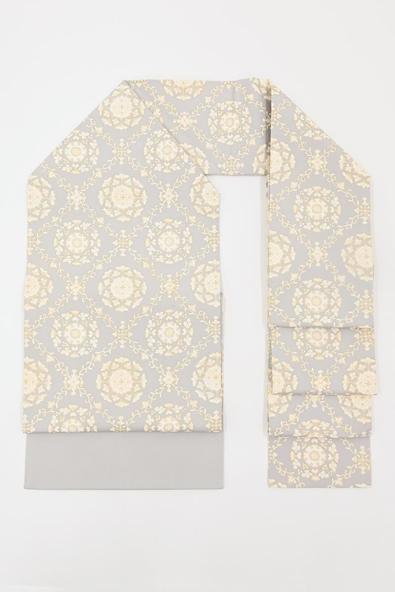 銀座【H-0824】染名古屋帯 淡い桜鼠色 装飾花文 - 銀座きもの