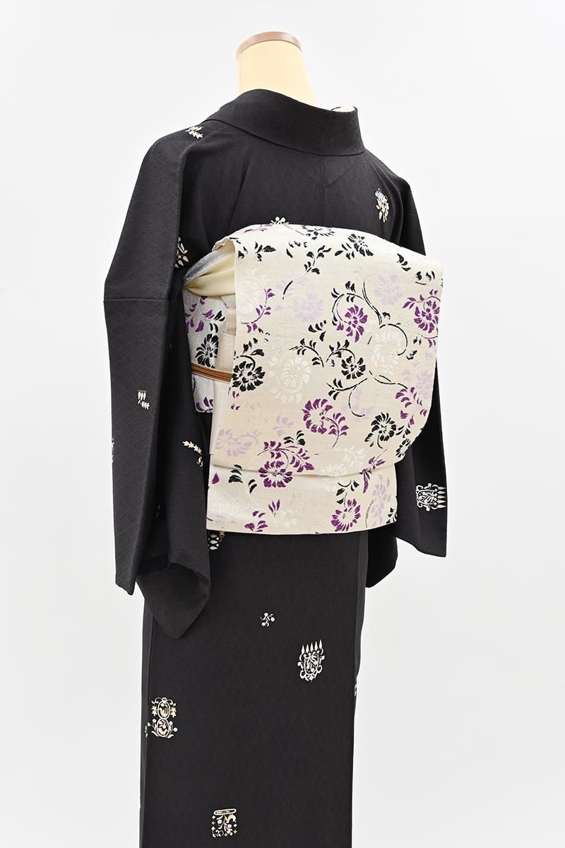 銀座【H-0825】西陣 鹿子井山田製 織名古屋帯 乳白色 花唐草文