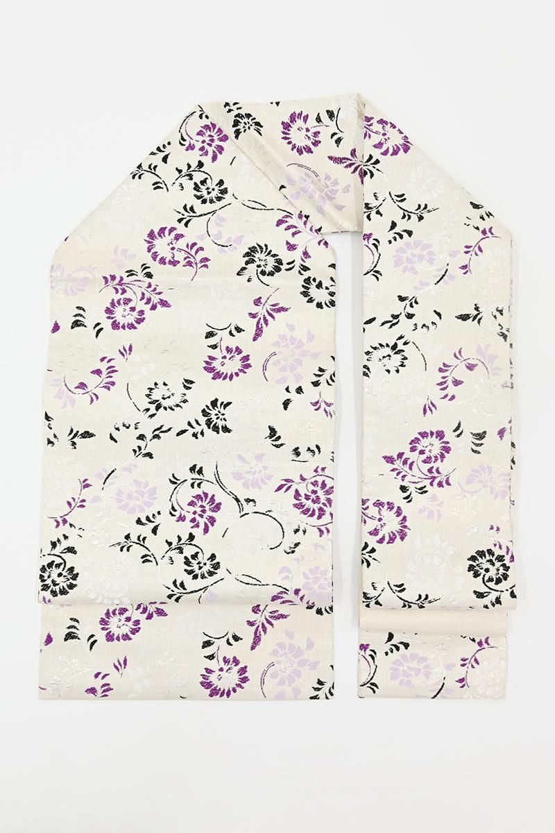 銀座【H-0825】西陣 鹿子井山田製 織名古屋帯 乳白色 花唐草文